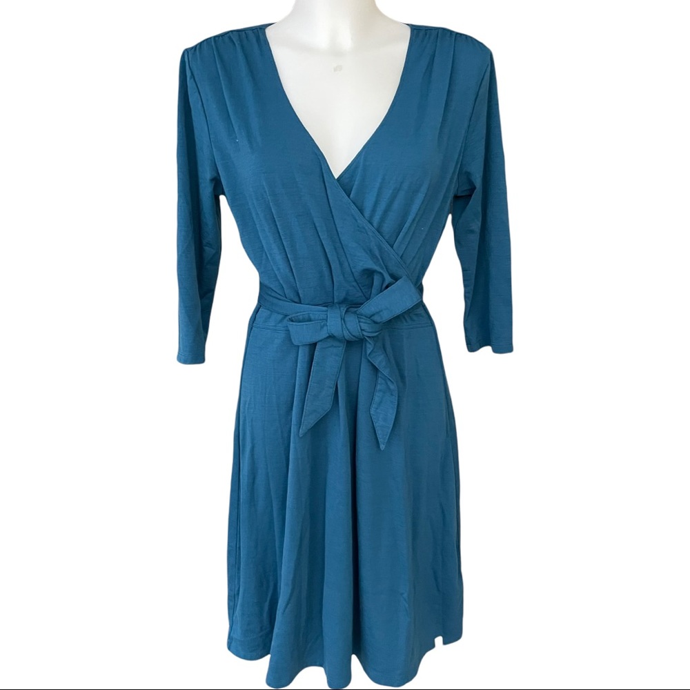 SMARTWOOL MAYBELL DRESS deep sea blue merino wool blend tie front dress sz Med